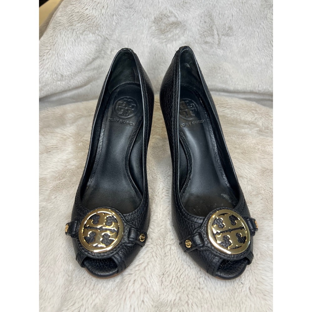 Tory Burch Womens Peep Toe Wedge Heels Logo Medallion Black 7.5